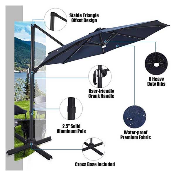 Solar LED 360-Degree Rotation Cantilever Patio Umbrella - 11U01K