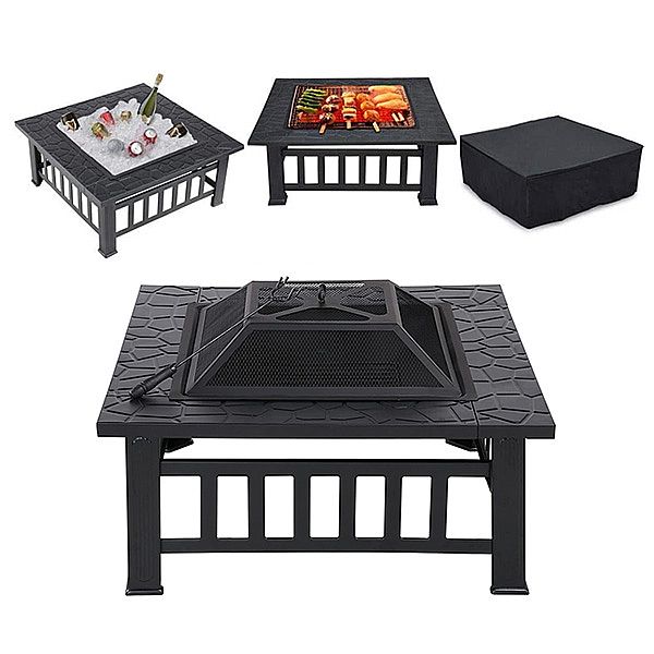 32-inch Square Metal BBQ Fire Pit Set - 10H01G