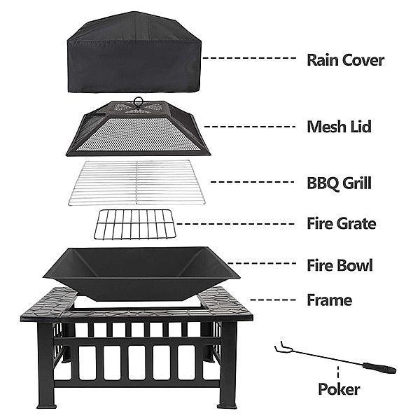 32-inch Square Metal BBQ Fire Pit Set - 10H01G