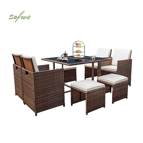Luxury Outdoor Wicker Dining Table Set with Armchair and Ottoman - 10D01C