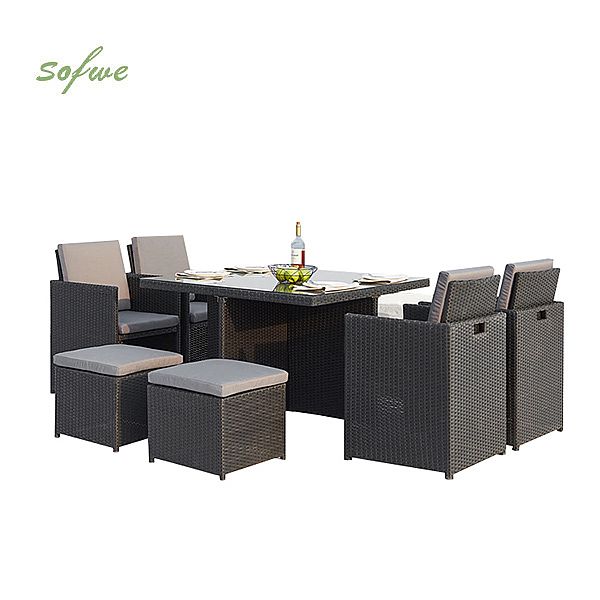 Outdoor Wicker Dining Set With Two Ottoman and Four Armchairs Dining Table - 10D01D